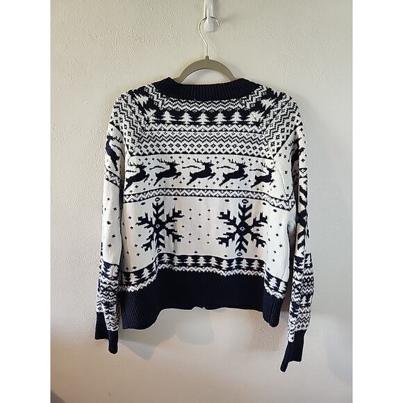 Dec.25th Womens XL BlueWhite Christmas Sweater Button Cardigan Holiday Reindeer - Picture 4 of 4